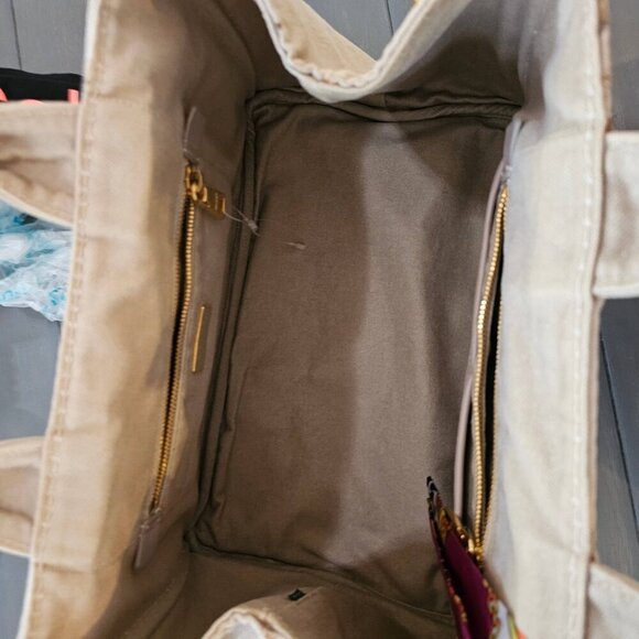 Prada Women's Beige Enameled Metal Triangle Canapa Tote Bag With Twilly - Picture 12 of 15